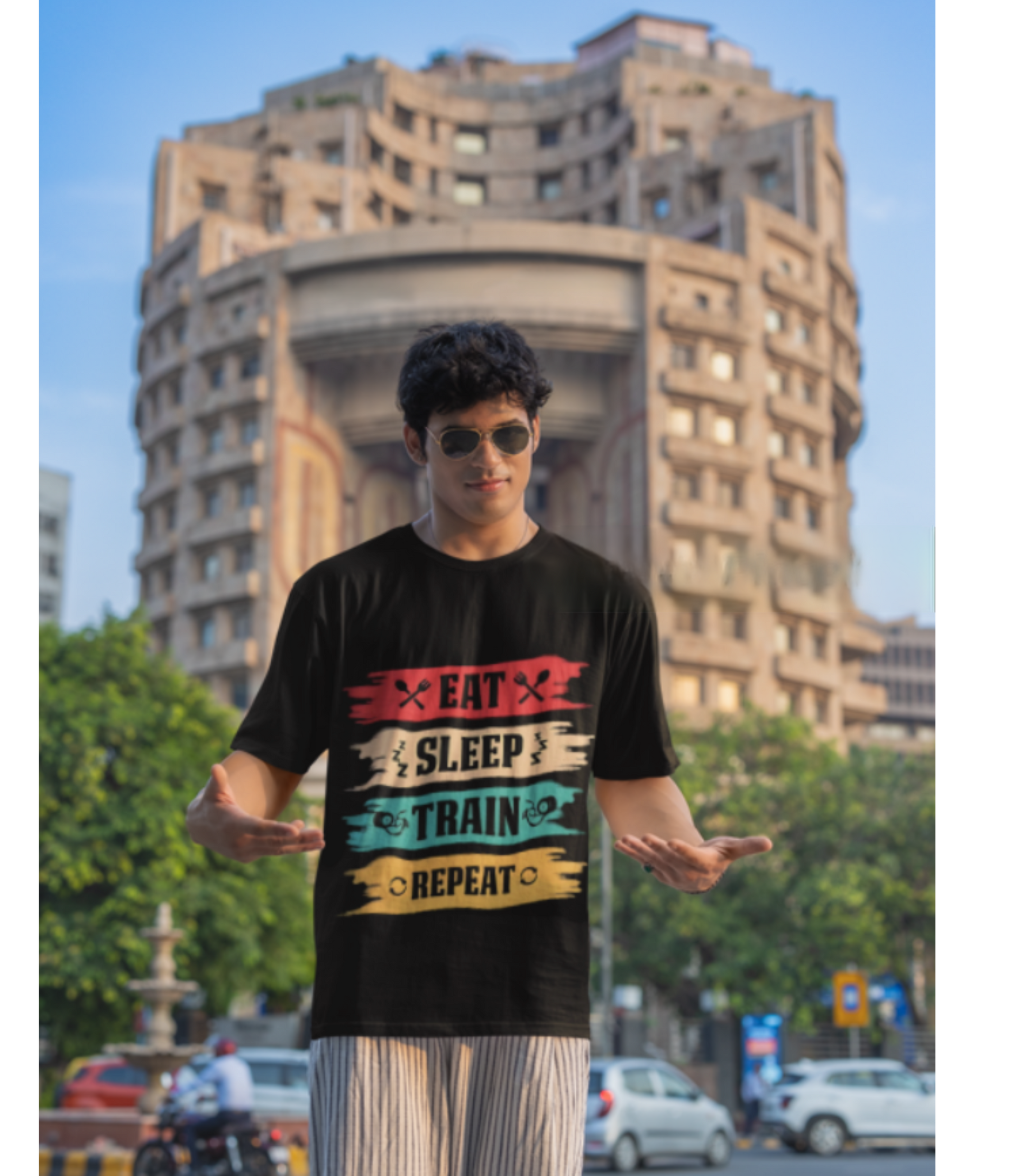 SCUBAAA Men's Eat Sleep Train Repeat Oversized T-Shirt