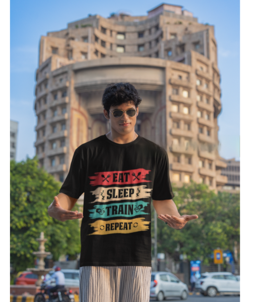 SCUBAAA Men's Eat Sleep Train Repeat Oversized T-Shirt
