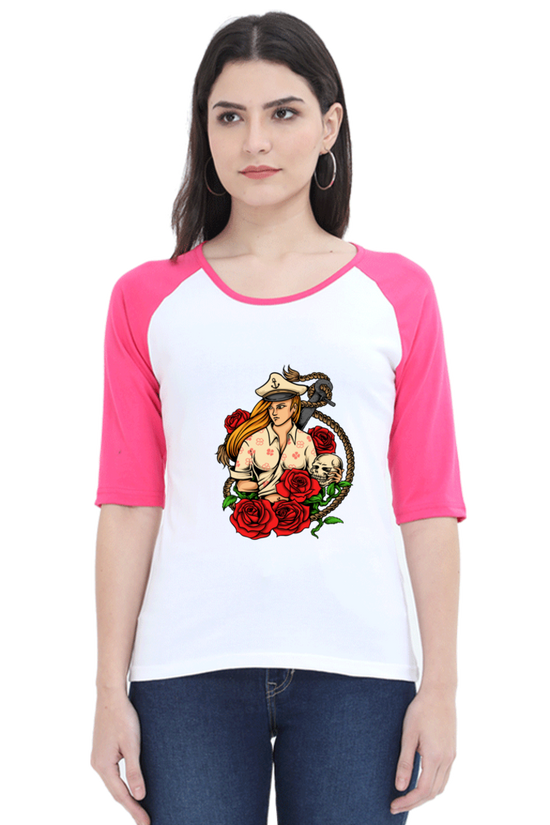 SCUBAAA Women's Vintage Rose Rebel Raglan T-Shirt