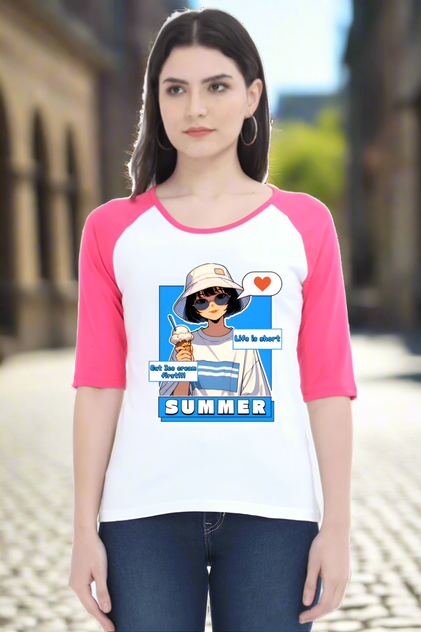 SCUBAAA Women's Summer Vibes & Ice Cream Delights Raglan T-Shirt