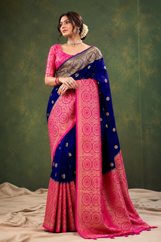 Women's Soft Lichi Silk Printed Saree With Unstitched Blouse 5.5Mtr (Blue)