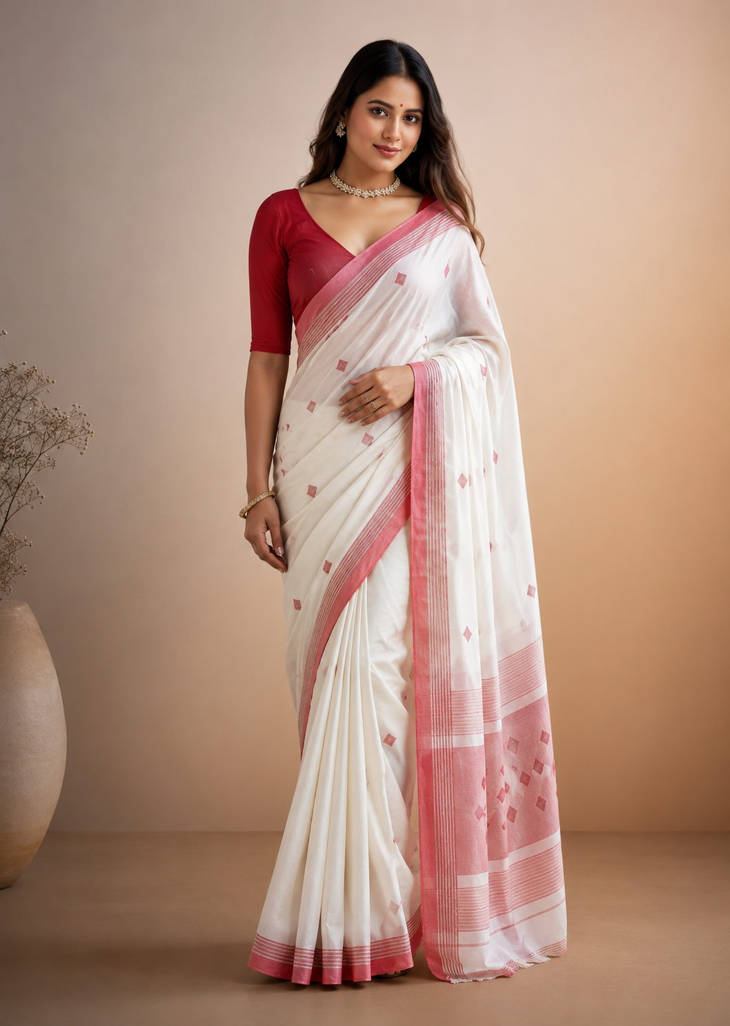 Women's Soft Lilan Printed Saree With Unstitched Blouse 5.5Mtr (White)