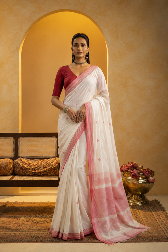 Women's Soft Lilan Printed Saree With Unstitched Blouse 5.5Mtr (White)