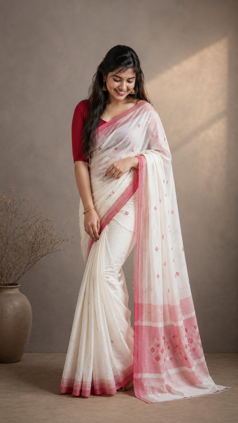 Women's Soft Lilan Printed Saree With Unstitched Blouse 5.5Mtr (White)