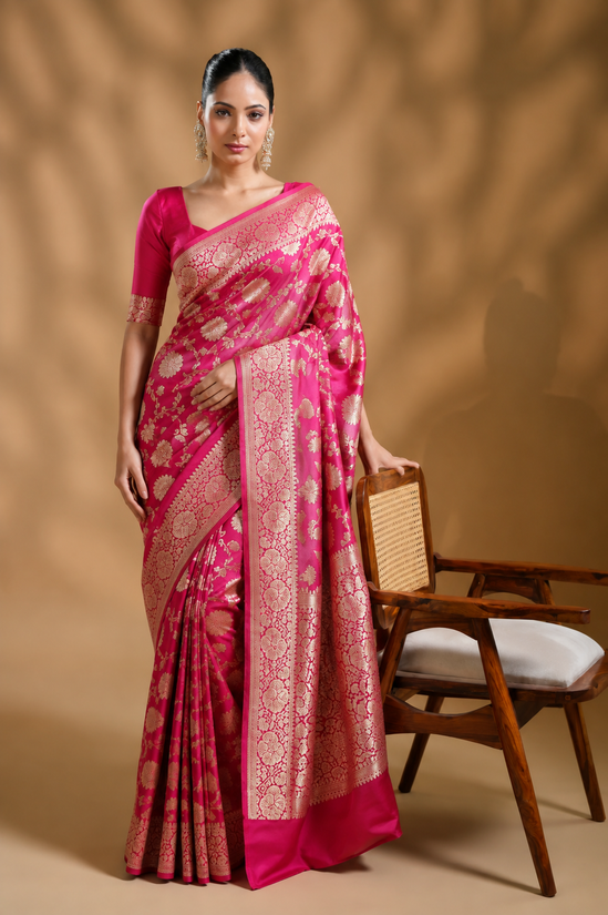 Women's Jacquard Printed Saree With Unstitched Blouse 5.5Mtr (Pink)