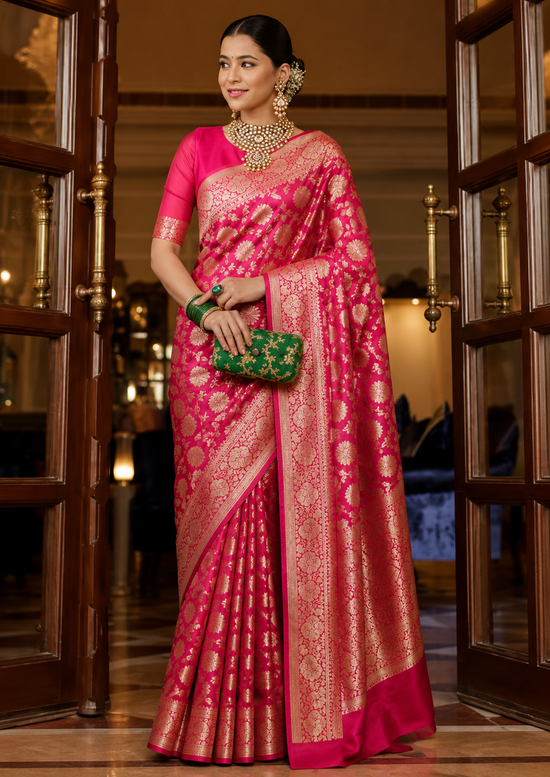Women's Jacquard Printed Saree With Unstitched Blouse 5.5Mtr (Pink)