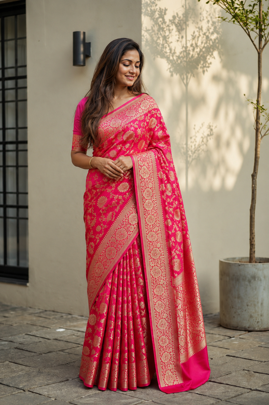 Women's Jacquard Printed Saree With Unstitched Blouse 5.5Mtr (Pink)