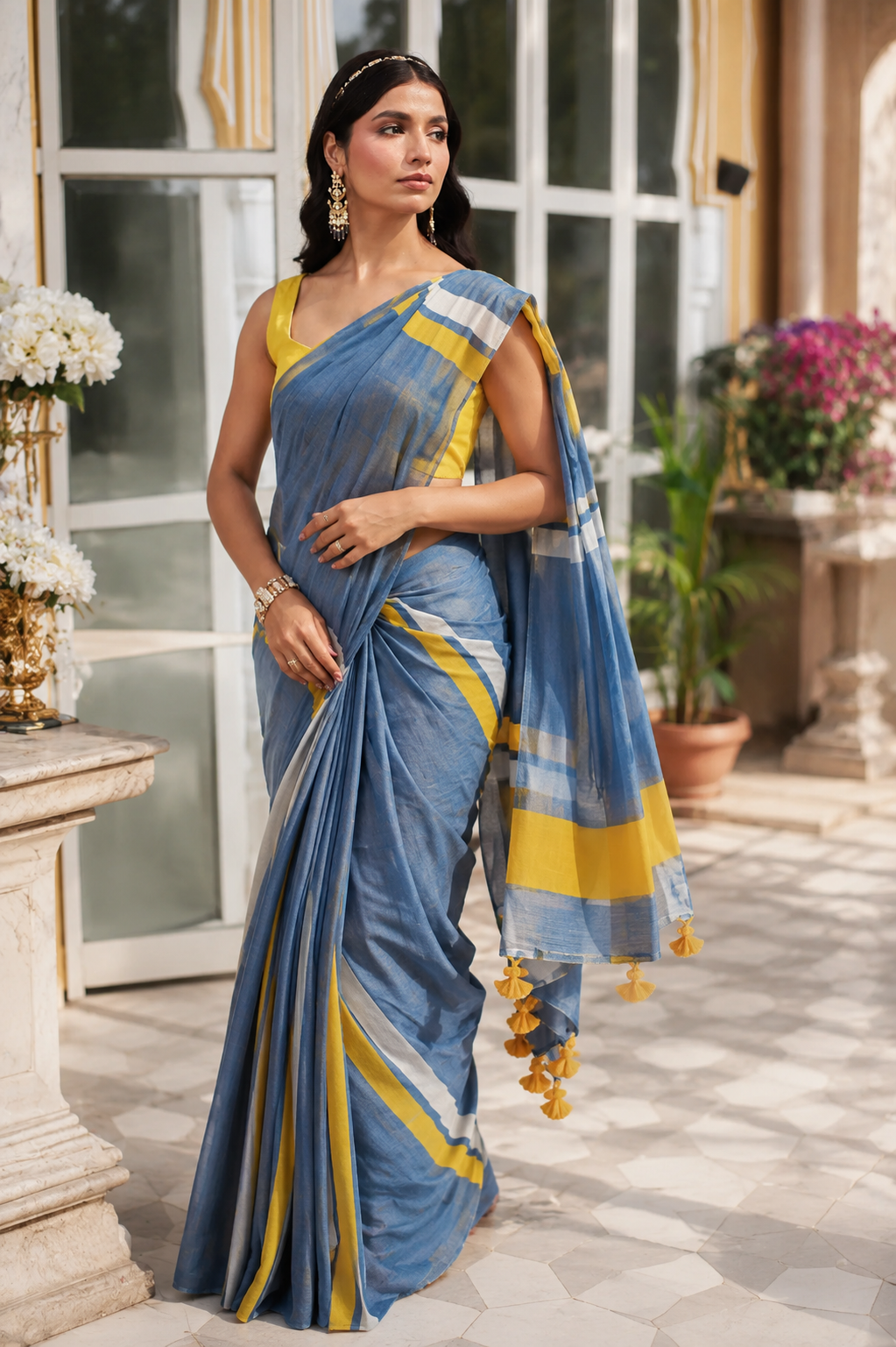 Women's Linen Printed Saree With Unstitched Blouse 5.5Mtr  (Blue)