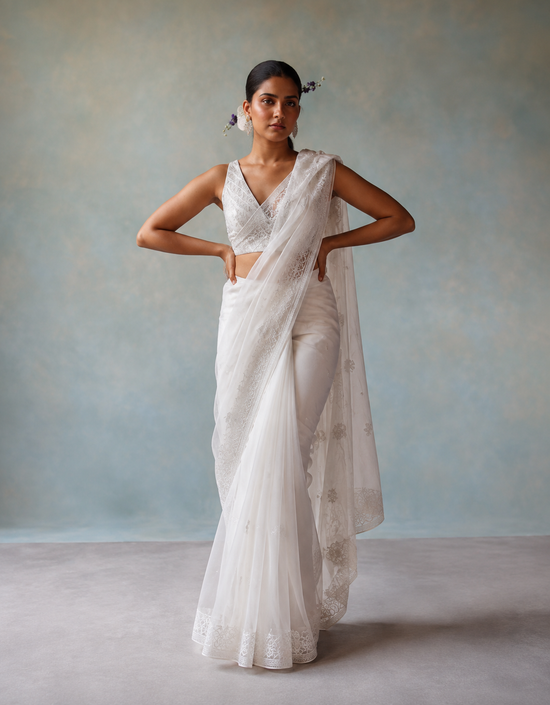 Women's Soft Lichi Silk Printed Saree With Unstitched Blouse 5.5Mtr (White)