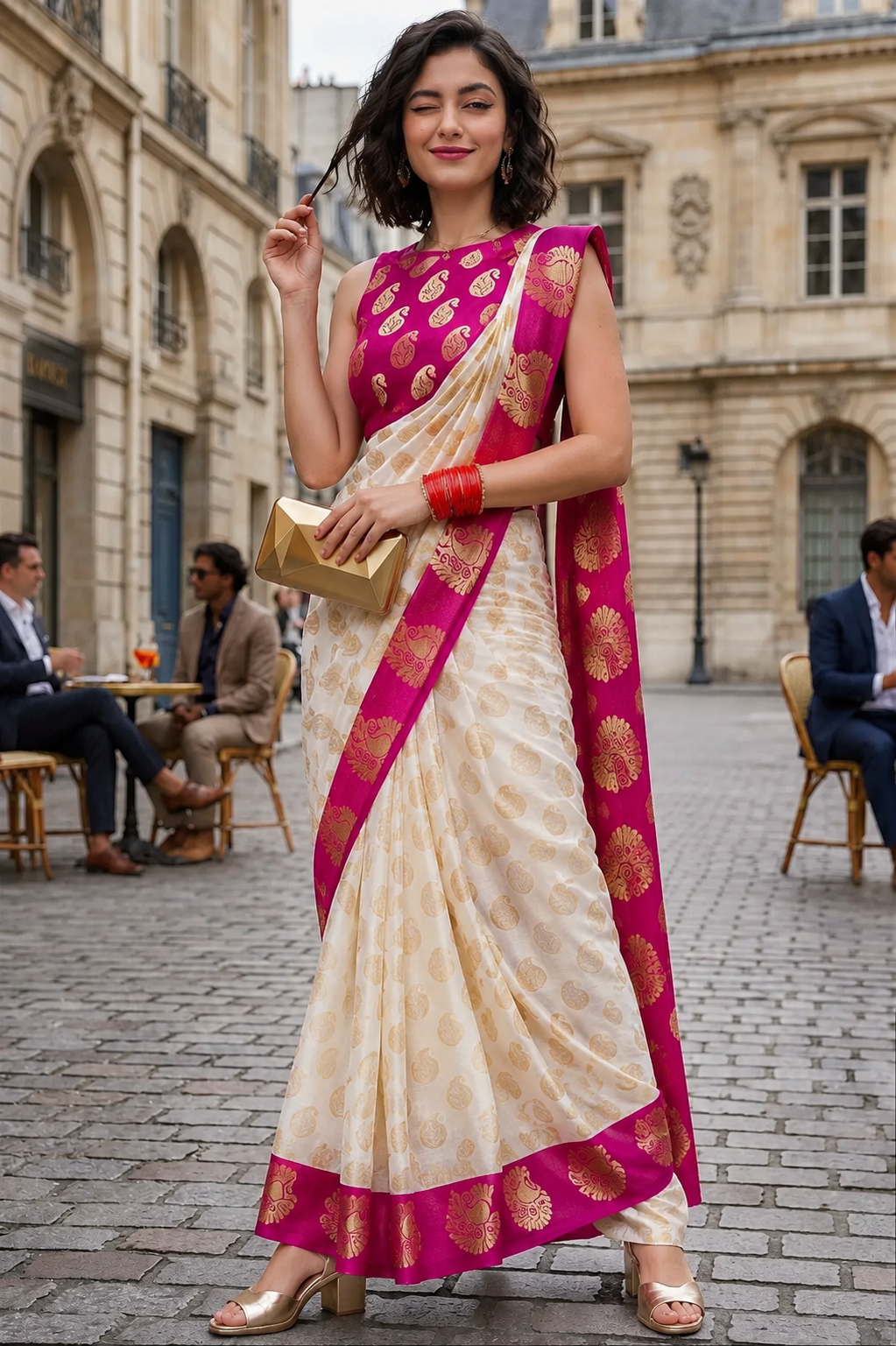 Women's Soft Lichi Silk Printed Saree With Unstitched Blouse 5.5Mtr (White)