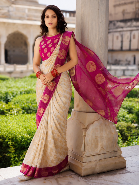 Women's Soft Lichi Silk Printed Saree With Unstitched Blouse 5.5Mtr (White)