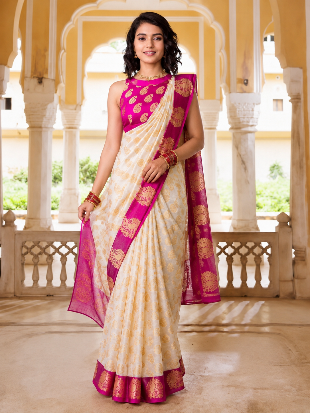 Women's Soft Lichi Silk Printed Saree With Unstitched Blouse 5.5Mtr (White)