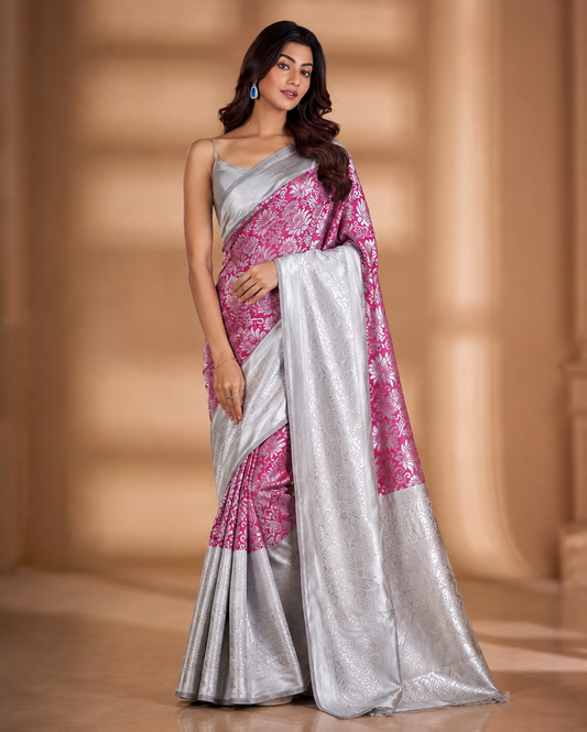 Women's Soft Lichi Silk Printed Saree With Unstitched Blouse 5.5Mtr (Pink)