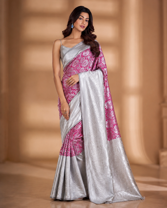 Women's Soft Lichi Silk Printed Saree With Unstitched Blouse 5.5Mtr (Pink)