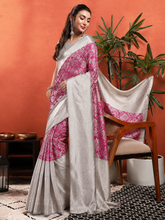 Women's Soft Lichi Silk Printed Saree With Unstitched Blouse 5.5Mtr (Pink)