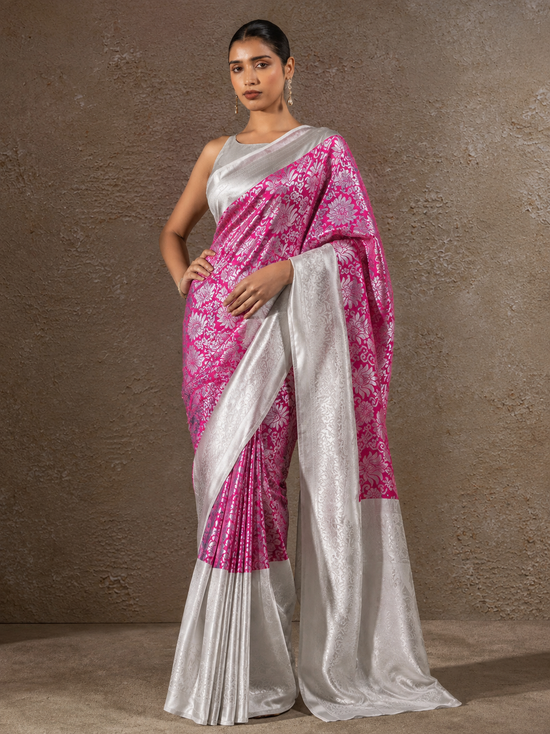 Women's Soft Lichi Silk Printed Saree With Unstitched Blouse 5.5Mtr (Pink)