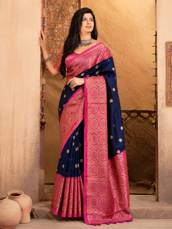 Women's Soft Lichi Silk Printed Saree With Unstitched Blouse 5.5Mtr (Blue)