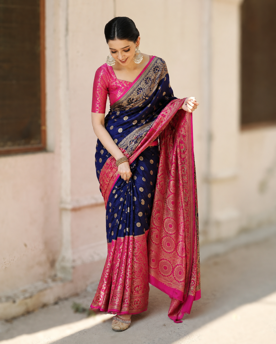Women's Soft Lichi Silk Printed Saree With Unstitched Blouse 5.5Mtr (Blue)