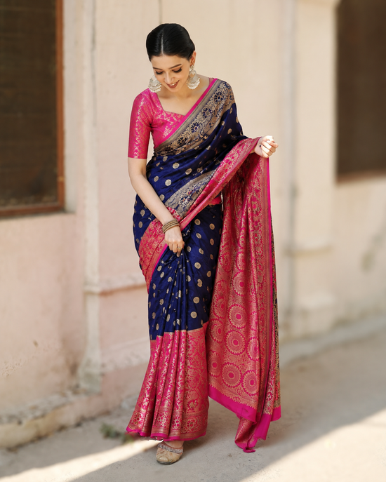 Women's Soft Lichi Silk Printed Saree With Unstitched Blouse 5.5Mtr (Blue)