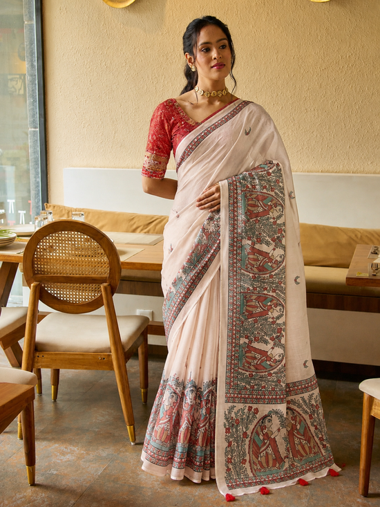 Women's Linen Cotton Printed Saree With Unstitched Blouse 5.5Mtr (Off White)