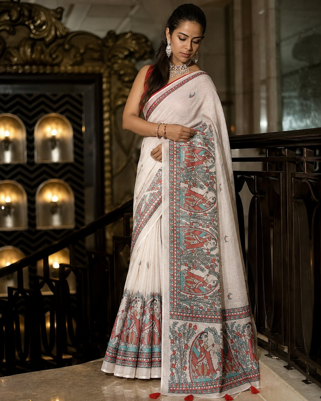 Women's Linen Cotton Printed Saree With Unstitched Blouse 5.5Mtr (Off White)