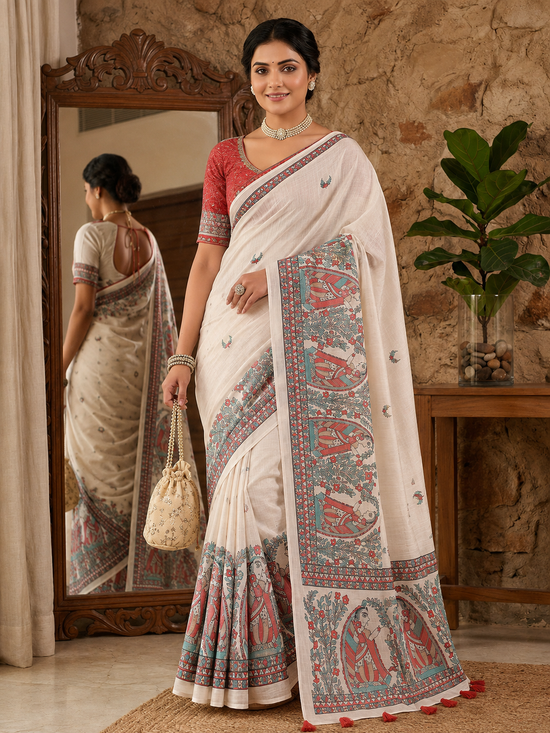 Women's Linen Cotton Printed Saree With Unstitched Blouse 5.5Mtr (Off White)