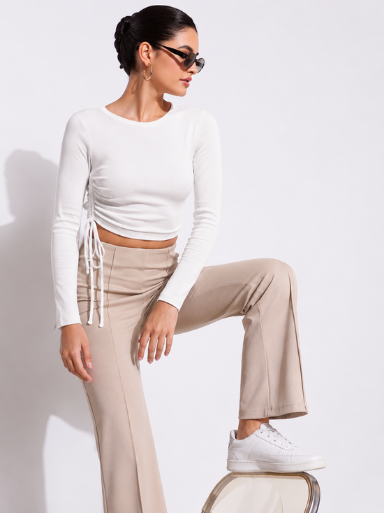 Women's Polyester Solid Round Neck Full Sleeve Top (White)