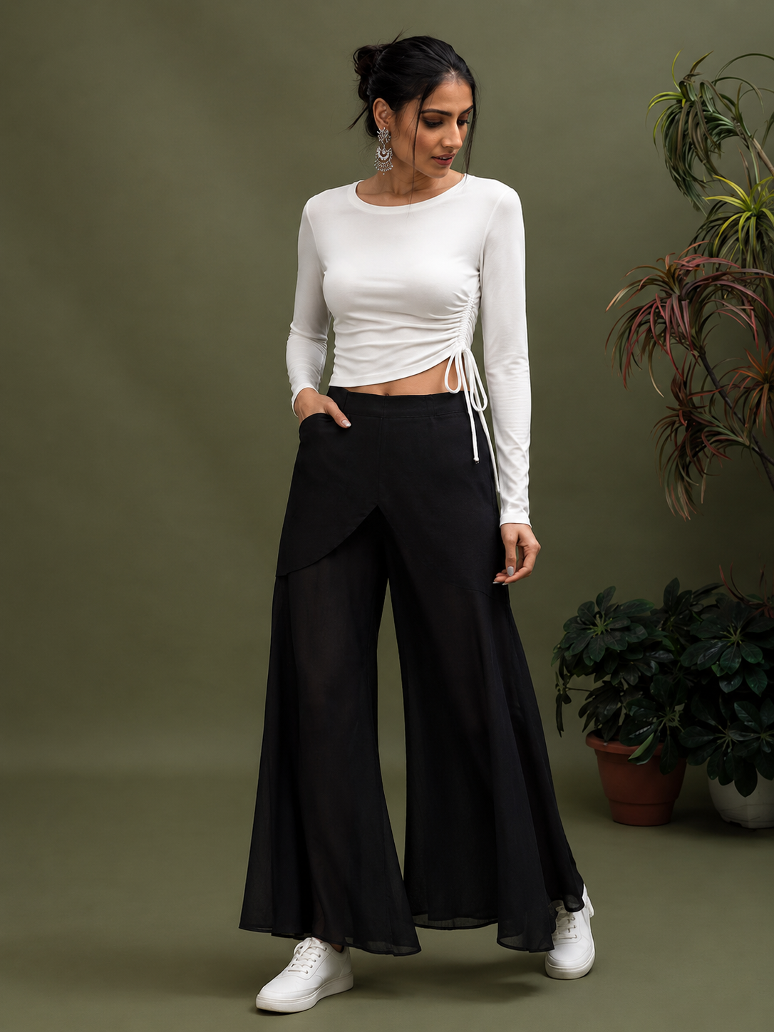 Women's Polyester Solid Round Neck Full Sleeve Top (White)