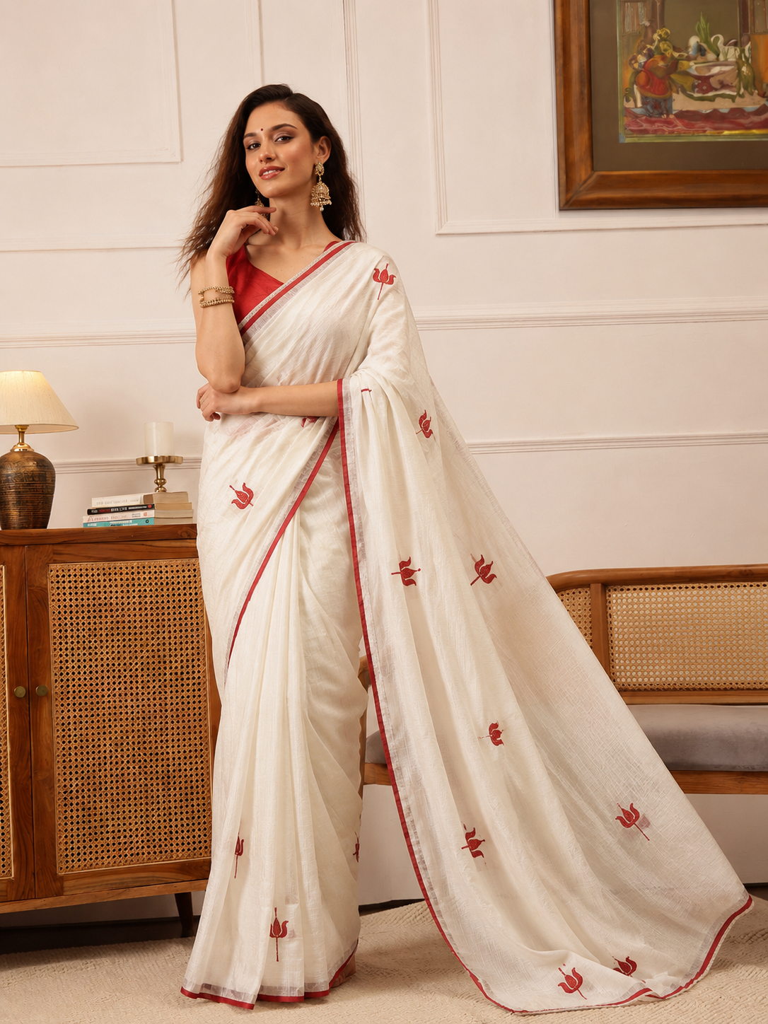 Women's Linen Printed Saree With Unstitched Blouse 5.5Mtr  (White)