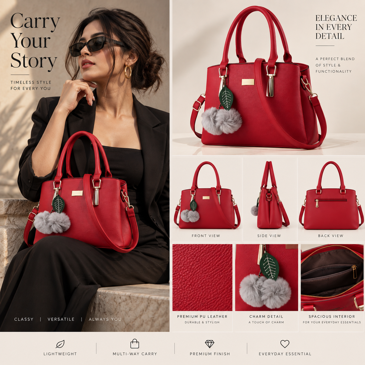 Women's PU Leather Solid Shoulder Zipper Handbag (Red)