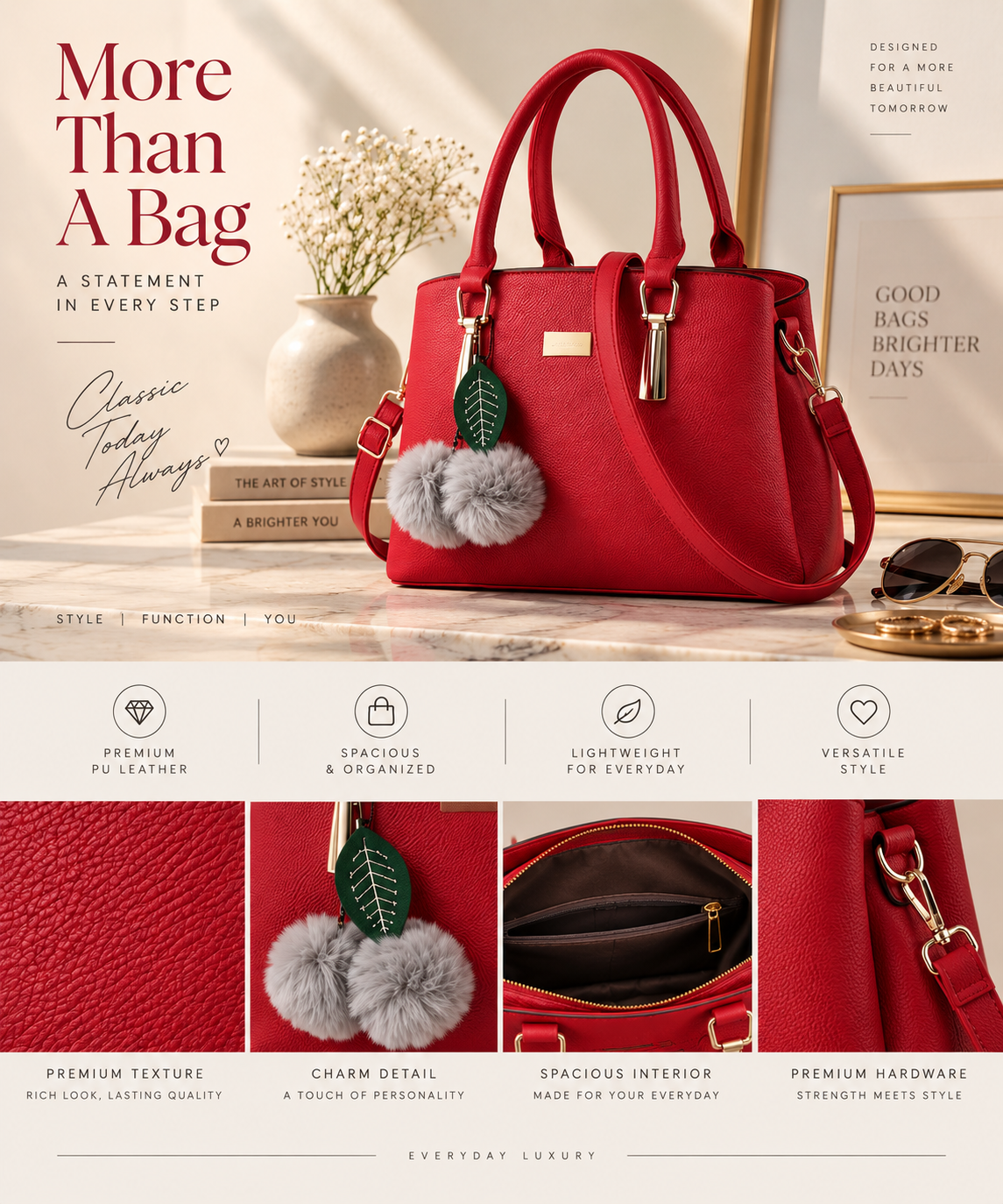 Women's PU Leather Solid Shoulder Zipper Handbag (Red)