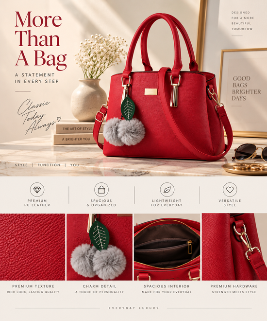 Women's PU Leather Solid Shoulder Zipper Handbag (Red)