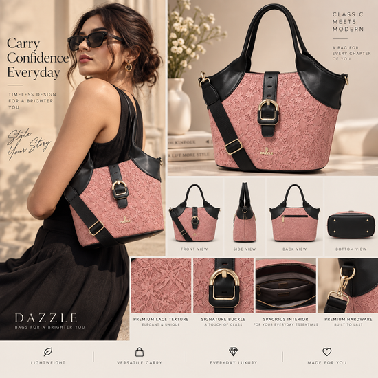 Women's Polyurethane Textured Two-Tone Tote Handbag with Adjustable & Removable Strap (Pink)