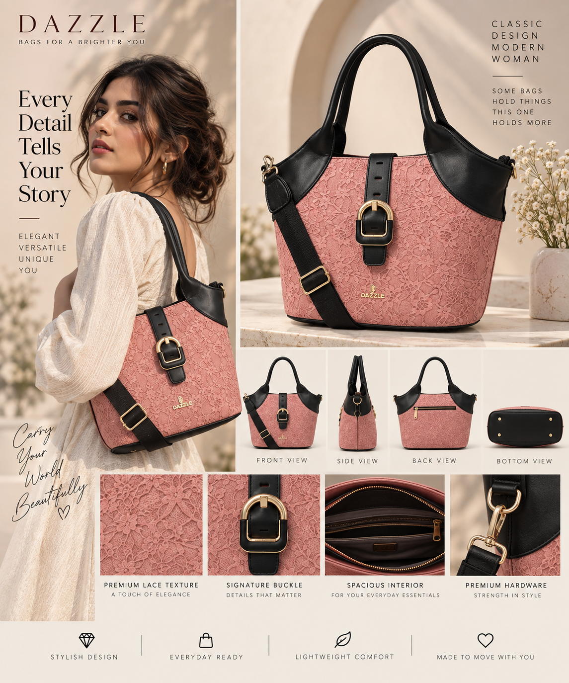 Women's Polyurethane Textured Two-Tone Tote Handbag with Adjustable & Removable Strap (Pink)
