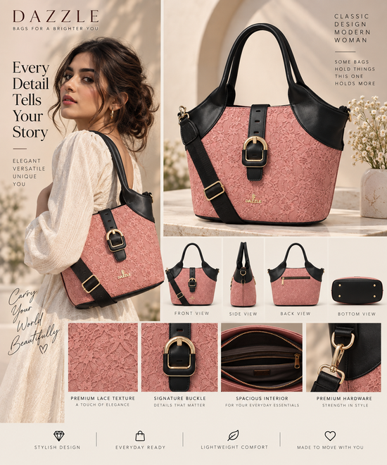 Women's Polyurethane Textured Two-Tone Tote Handbag with Adjustable & Removable Strap (Pink)