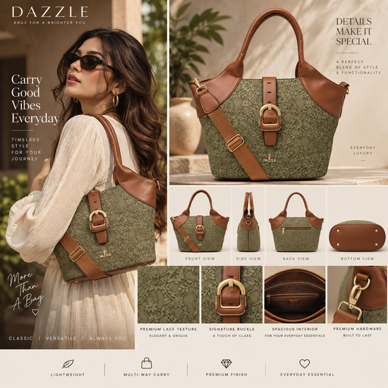Women's Polyurethane Textured Two-Tone Tote Handbag with Adjustable & Removable Strap (Green)
