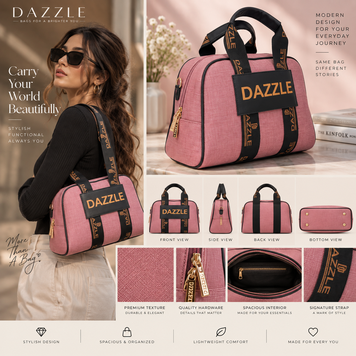 Women's Polyurethane Textured Duffle Bag with Adjustable & Removable Strap (Pink)