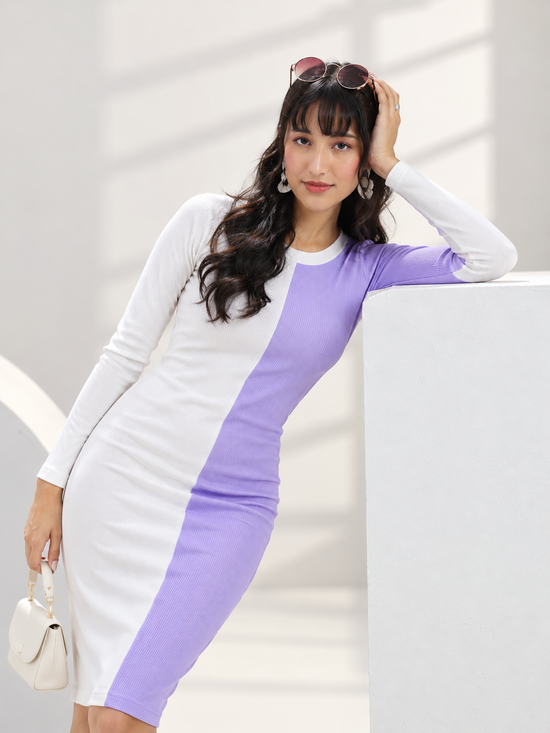 Women's Knitting stretchable Solid Round Neck Full Sleeve Dress (Purple)