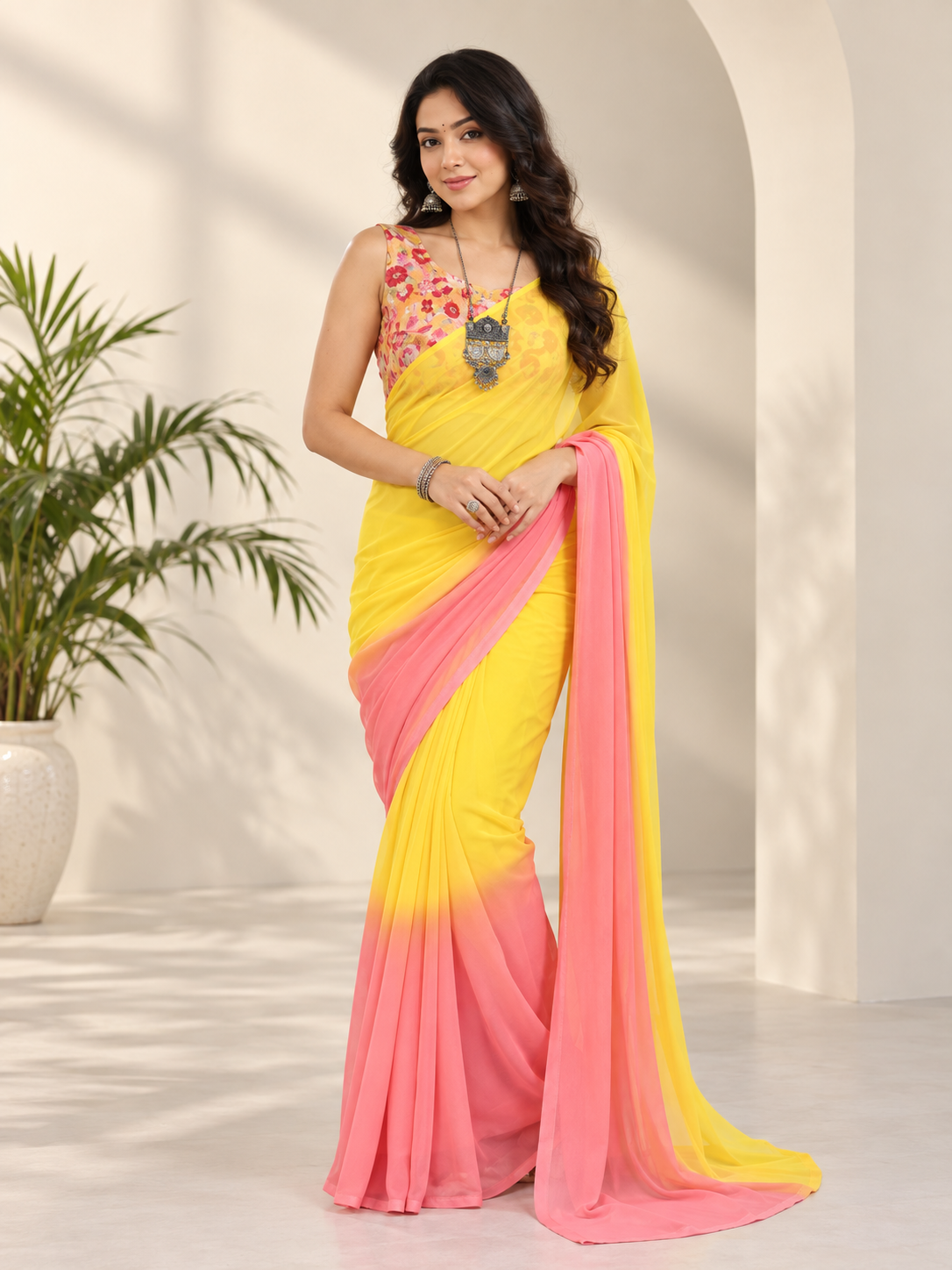 Women's Small Lace Georgette Solid Ready-to-Wear Saree With Unstitched Blouse 5.5 Mtr (Pink-Yellow)