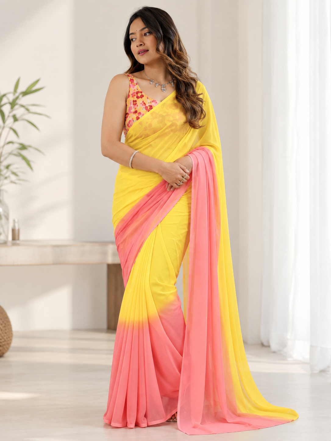 Women's Small Lace Georgette Solid Ready-to-Wear Saree With Unstitched Blouse 5.5 Mtr (Pink-Yellow)