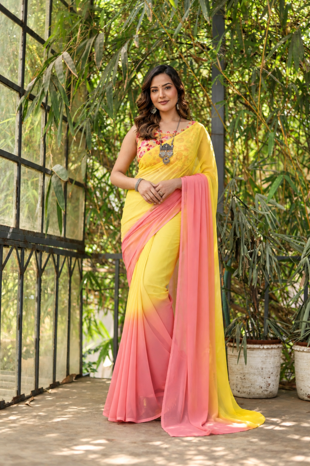 Women's Small Lace Georgette Solid Ready-to-Wear Saree With Unstitched Blouse 5.5 Mtr (Pink-Yellow)