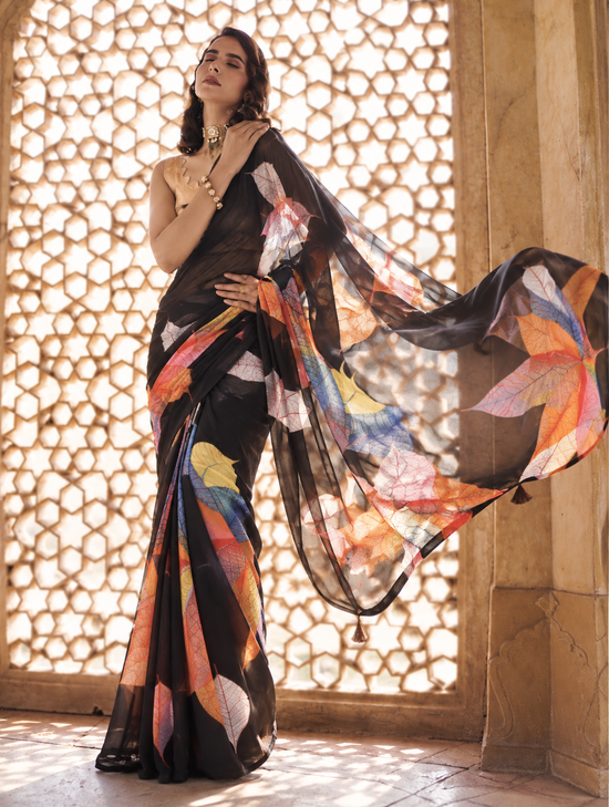 Women's Small Lace Georgette Printed Ready-to-Wear Saree With Unstitched Blouse 5.5 Mtr (Black)