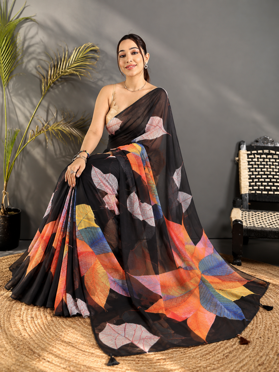 Women's Small Lace Georgette Printed Ready-to-Wear Saree With Unstitched Blouse 5.5 Mtr (Black)