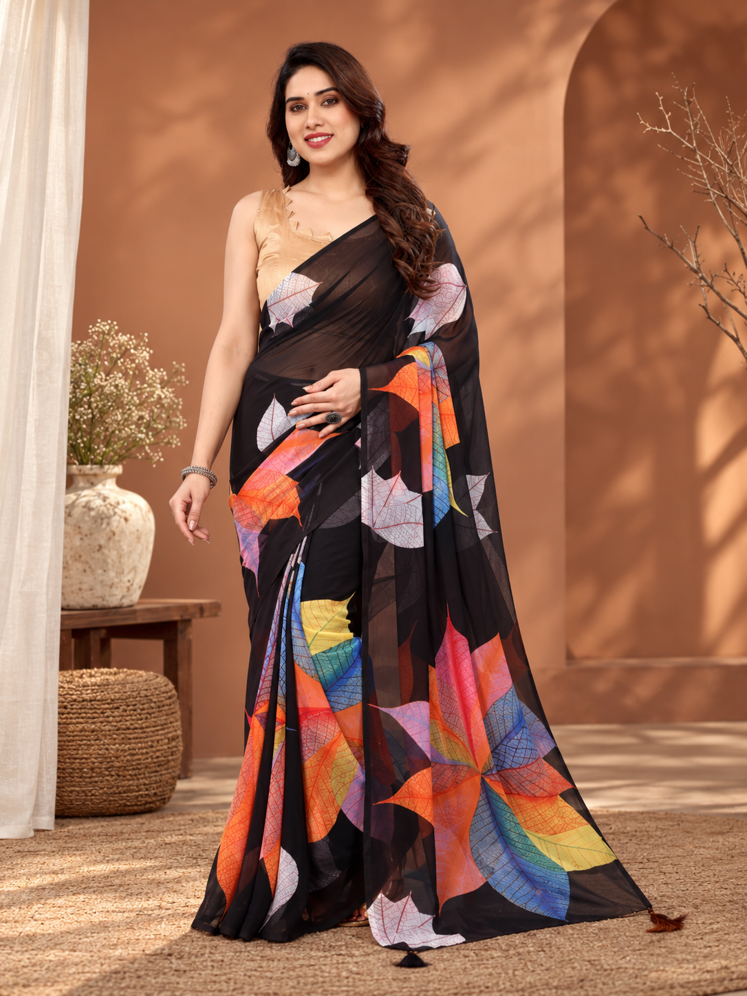 Women's Small Lace Georgette Printed Ready-to-Wear Saree With Unstitched Blouse 5.5 Mtr (Black)