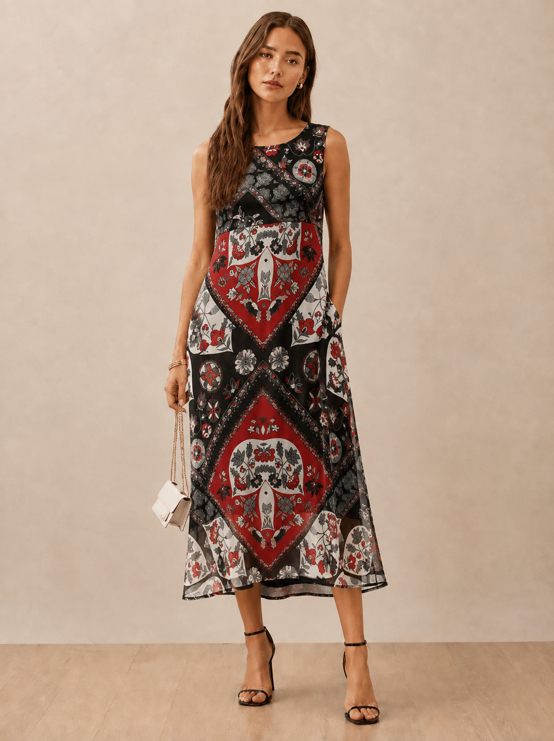 Women's Polyester Printed Sleeveless Dress (Red - Black)