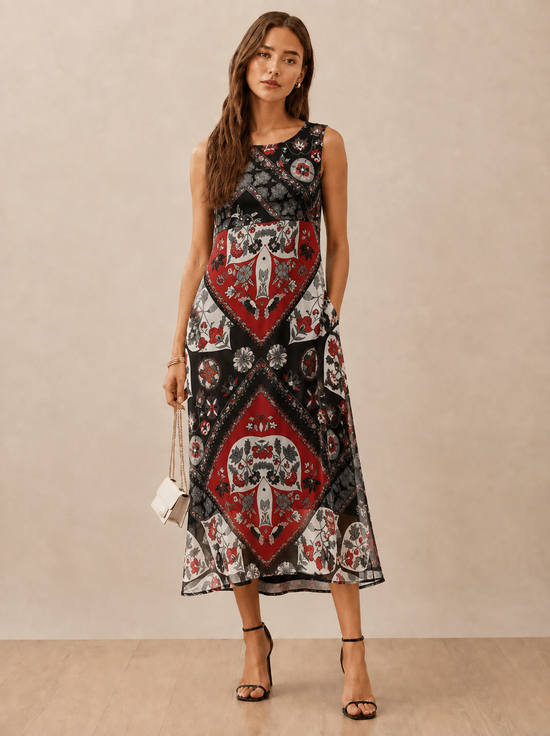 Women's Polyester Printed Sleeveless Dress (Red - Black)