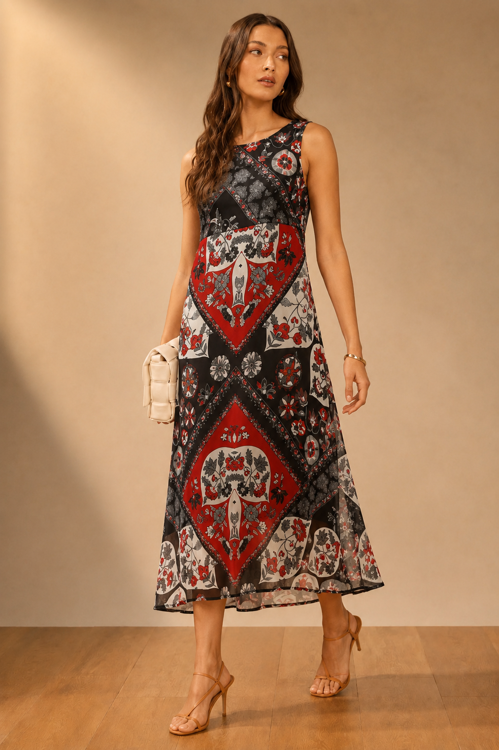 Women's Polyester Printed Sleeveless Dress (Red - Black)