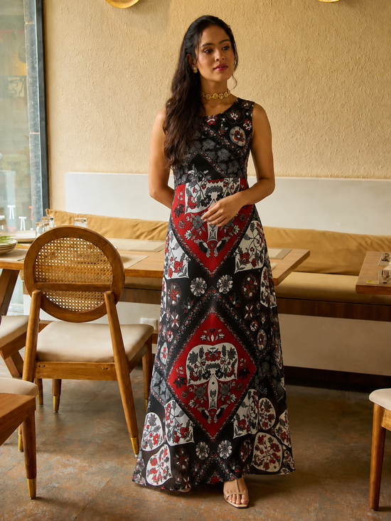 Women's Polyester Printed Sleeveless Dress (Red - Black)