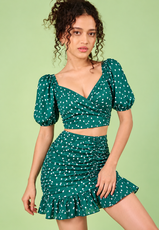 Women's Polyester Floral Short Sleeve Co-Ord Set (Green)
