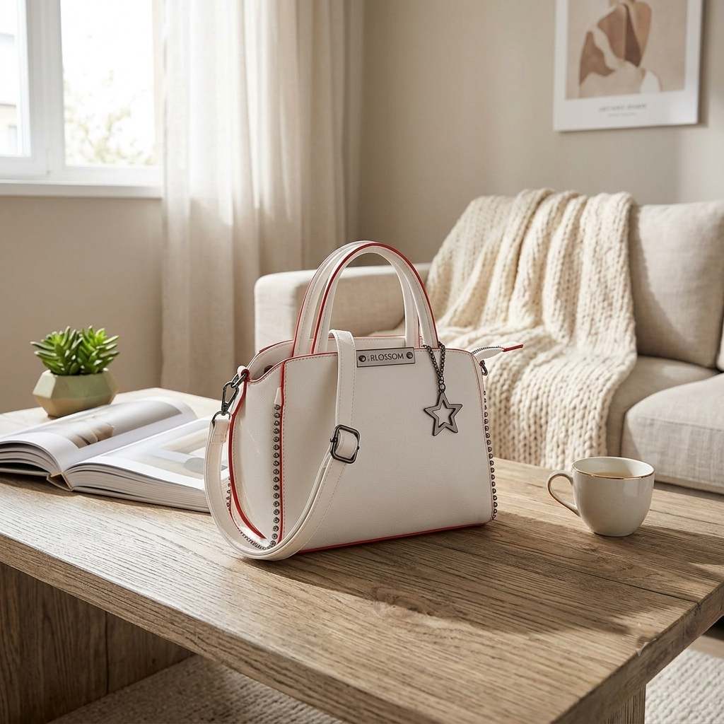 Women's Faux Leather Metal Beads Handbag (White)